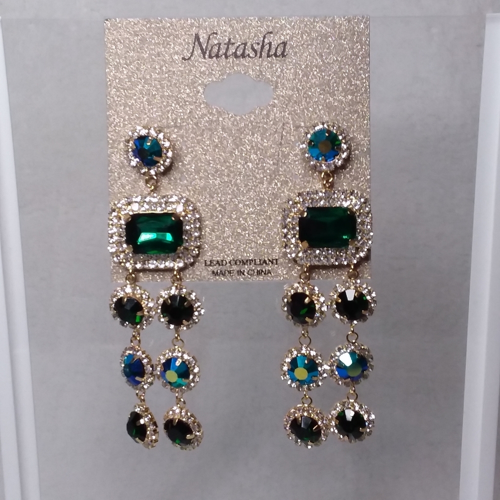 Multi Dangle Green Pierce Earrings Gold  tone Natasha